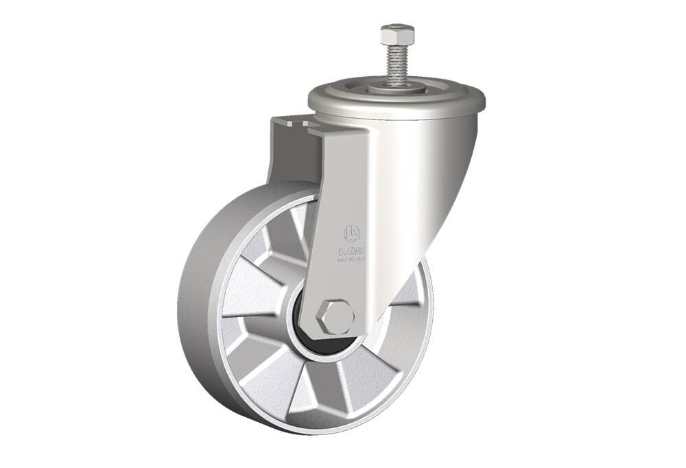 Wheel series U with fork INOX20 Die-cast aluminium wheels, for high temperature applications: -40°C / +270°C (-40°F / +518°F). Available with standard or stainless steel ball bearings. Wheel fitted with ball bearings.