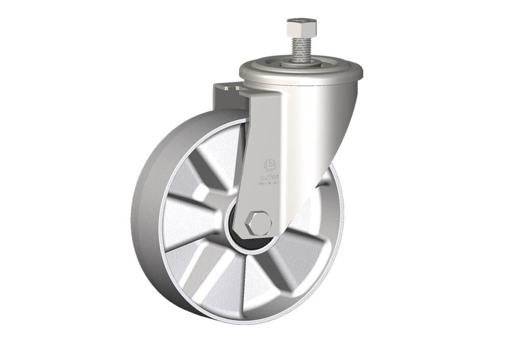 Wheel series U with fork INOX20 Die-cast aluminium wheels, for high temperature applications: -40°C / +270°C (-40°F / +518°F). Available with standard or stainless steel ball bearings. Wheel fitted with ball bearings.