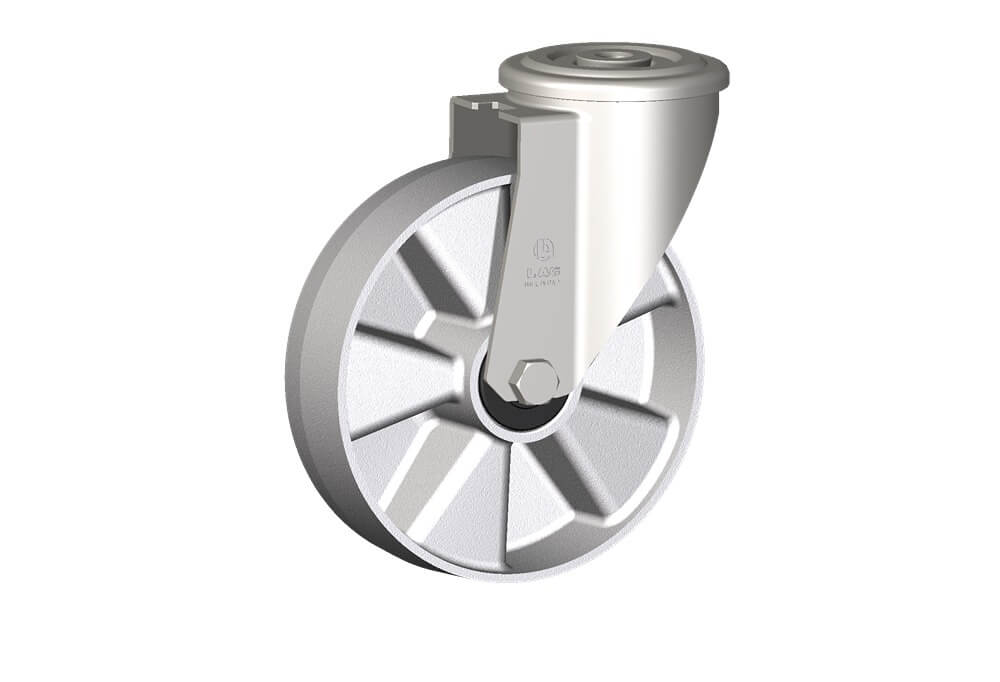 Wheel series U with fork INOX20 Die-cast aluminium wheels, for high temperature applications: -40°C / +270°C (-40°F / +518°F). Available with standard or stainless steel ball bearings. Wheel fitted with ball bearings.