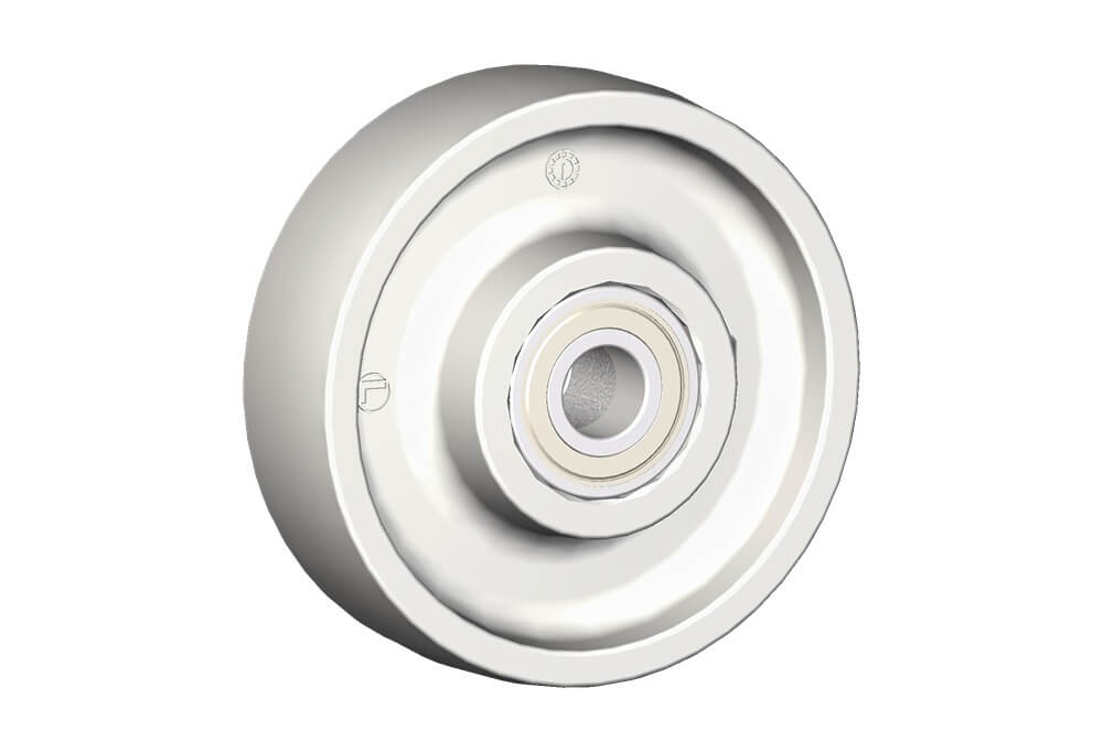 Wheel series P Monolitic polyammide 6 wheels available with standard shielded or stainless steel precision ball bearings; standard or stainless steel roller bearing; plain bore.