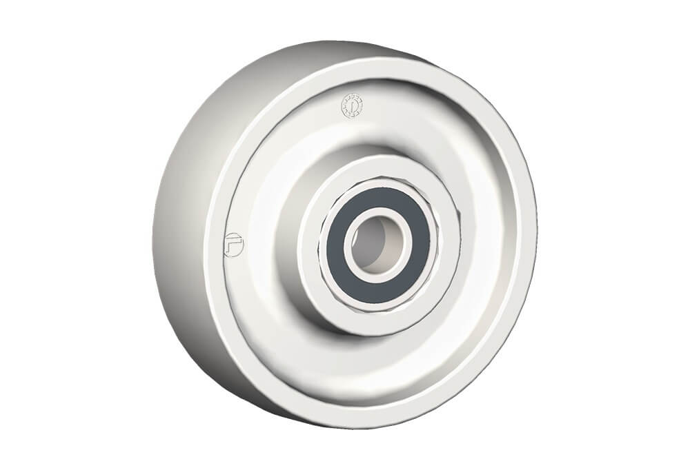 Wheel series P Monolitic polyammide 6 wheels available with standard shielded or stainless steel precision ball bearings; standard or stainless steel roller bearing; plain bore.
