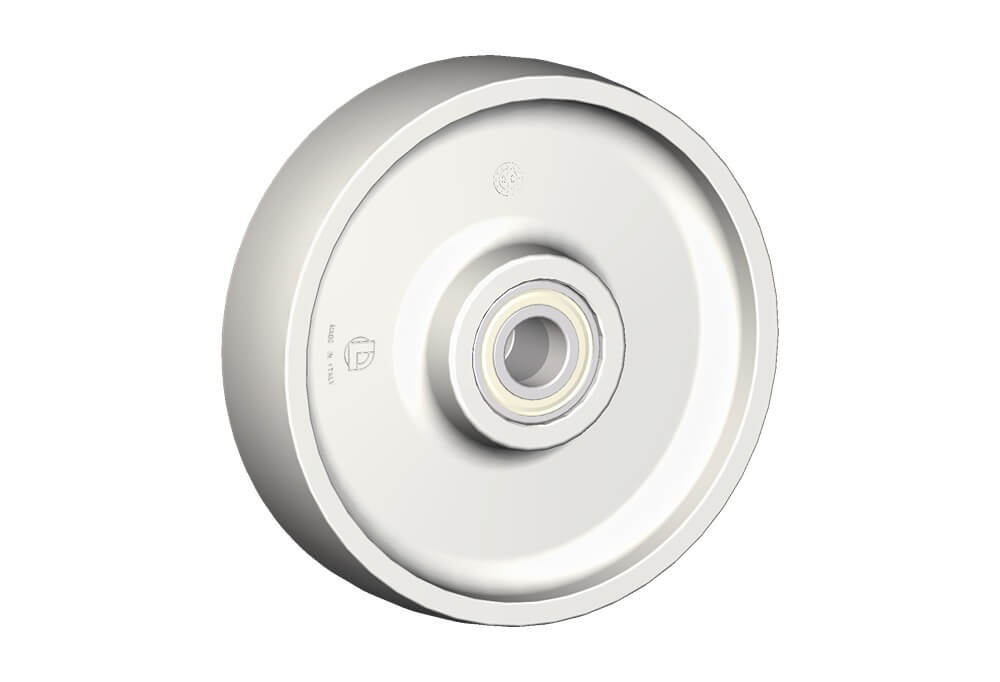 Roue série P - Roues monolithiques en polyamide 6 disponibles avec roulements à billes de précision standard protégés ou inox étanches; roulement à rouleaux inox ou standard; alésage lisse.