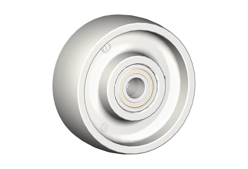 Wheel series P Monolitic polyammide 6 wheels available with standard shielded or stainless steel precision ball bearings; standard or stainless steel roller bearing; plain bore.