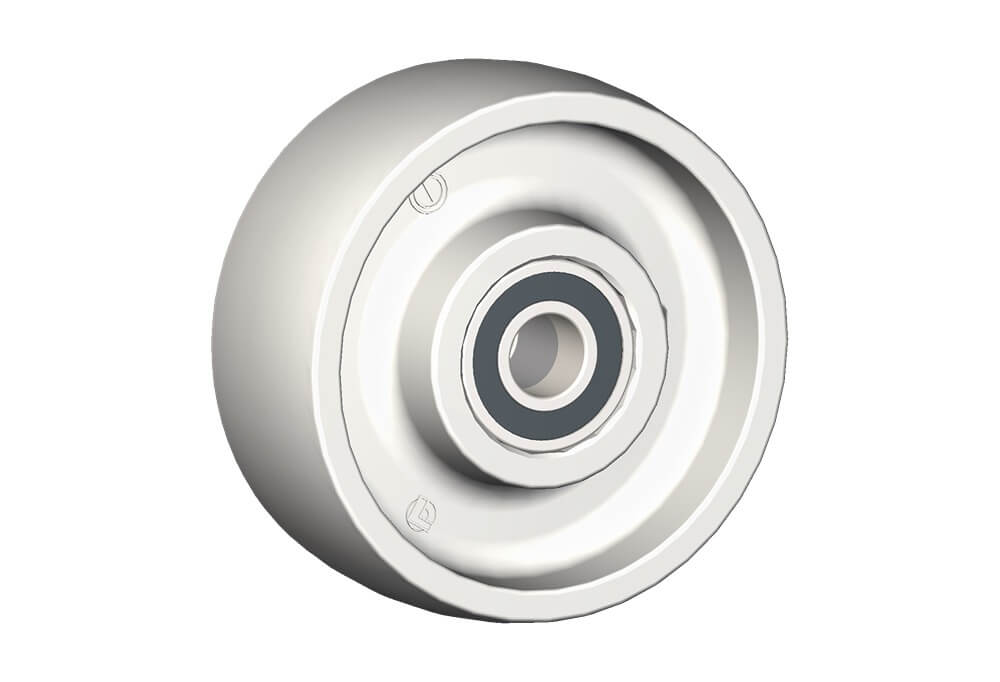 Wheel series P Monolitic polyammide 6 wheels available with standard shielded or stainless steel precision ball bearings; standard or stainless steel roller bearing; plain bore.