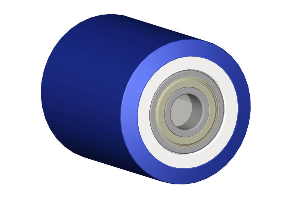Wheel series RO Rollers with cast soft polyurethane coating 87 Sh. A polyamide 6 center. Available with standard or stainless steel ball bearings.  Some feature semibushes with extra bearing shield/protection.