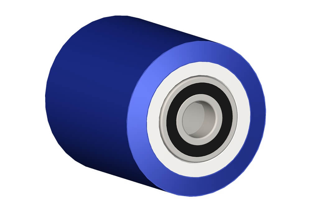 Wheel series RO Rollers with cast soft polyurethane coating 87 Sh. A polyamide 6 center. Available with standard or stainless steel ball bearings.  Some feature semibushes with extra bearing shield/protection.