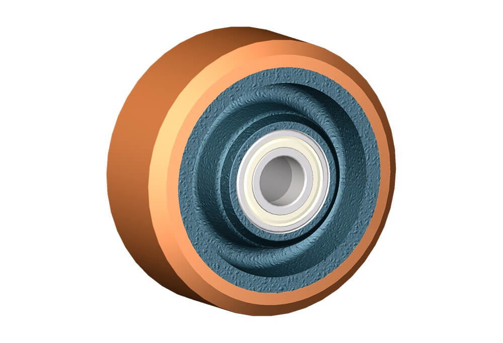 Roue série Z - Roues en fonte avec bandage en polyuréthane coulé 95 Sh.A. Disponibles avec roulements à billes de précision, protégés.