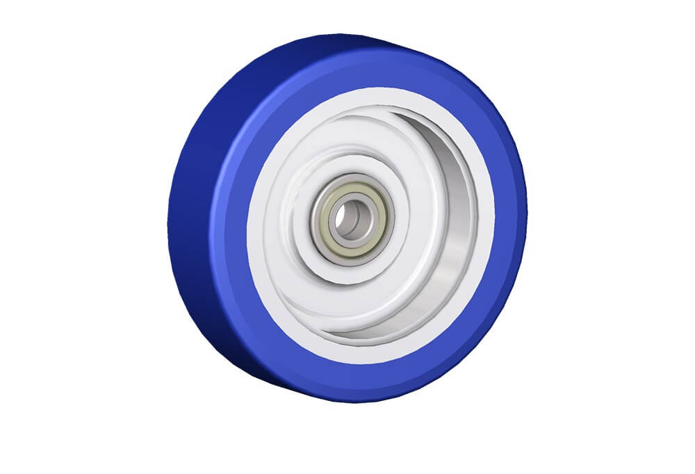 Räder Serie ZS Radkern aus Gusseisen, Beschichtung aus weichem Guss-Polyurethan (blau) 87 Sh.A. mit Rillenkugellager.