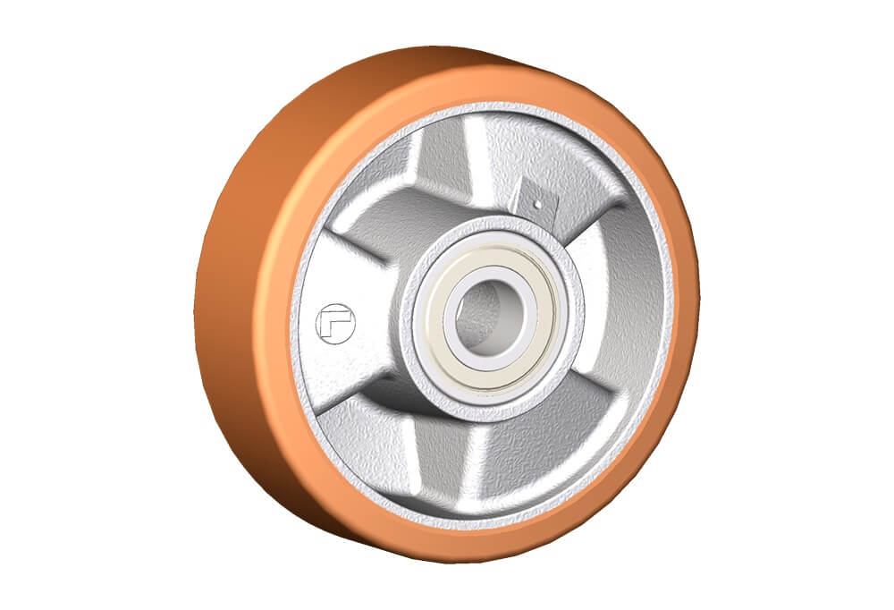 Wheel series T Wheels with cast polyurethane coating 95 Sh.A on aluminium hub. Available with ball or roller bearings.