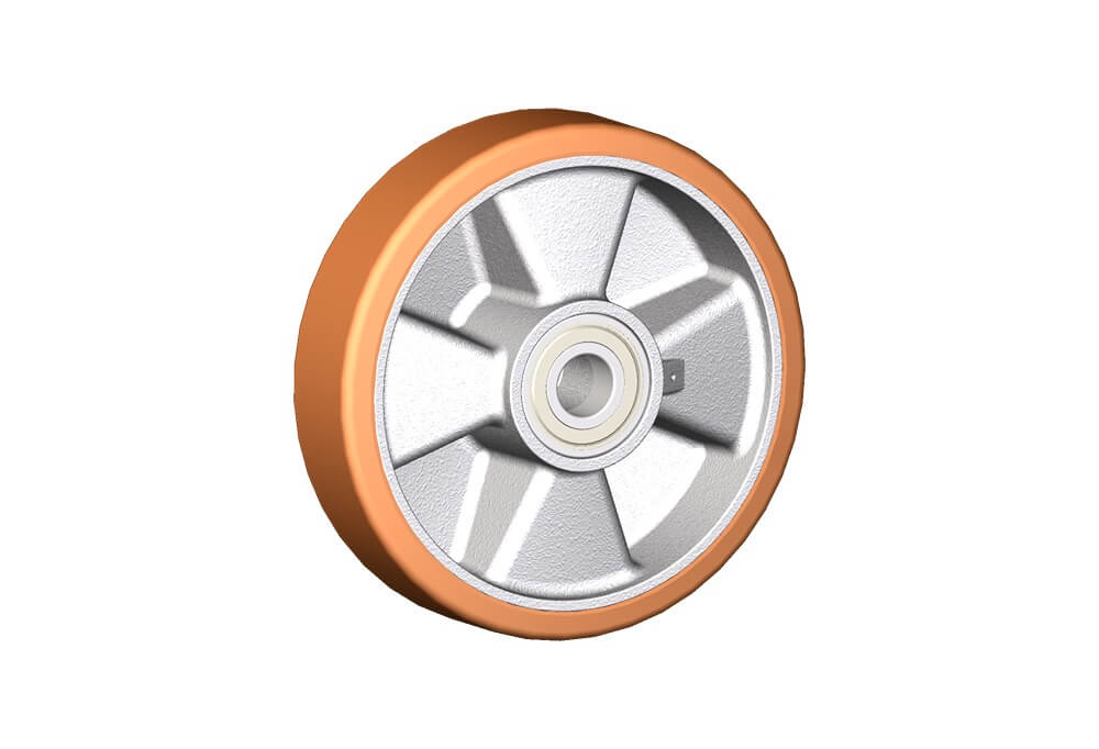 Wheel series T Wheels with cast polyurethane coating 95 Sh.A on aluminium hub. Available with ball or roller bearings.