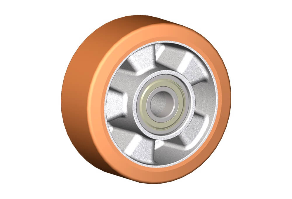 Wheel series T Wheels with cast polyurethane coating 95 Sh.A on aluminium hub. Available with ball or roller bearings.