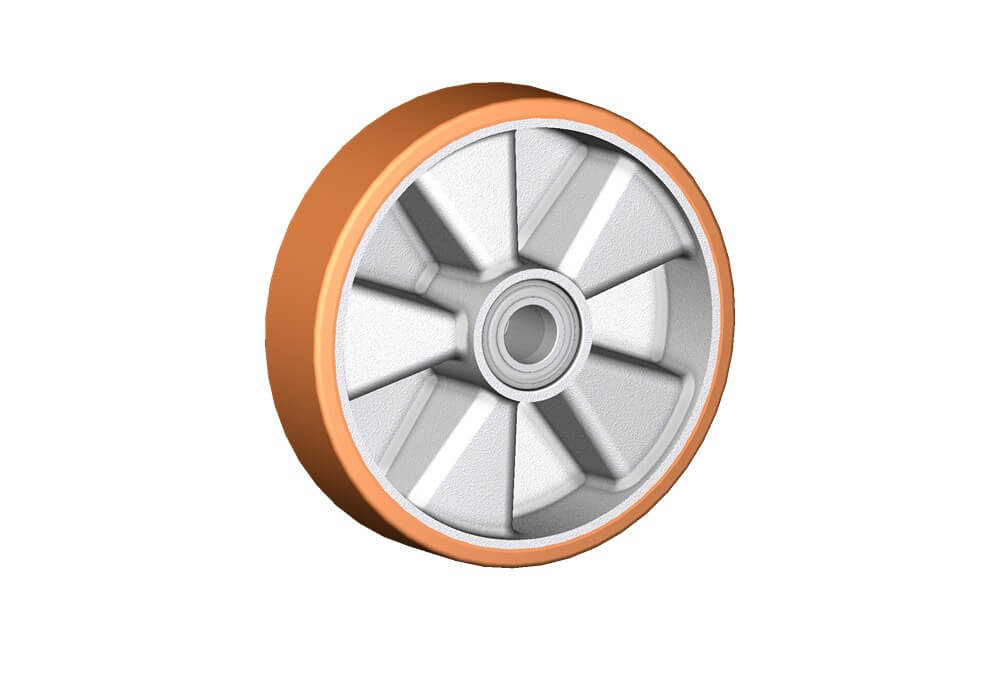 Wheel series T Wheels with cast polyurethane coating 95 Sh.A on aluminium hub. Available with ball or roller bearings.