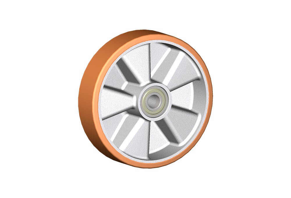 Wheel series T Wheels with cast polyurethane coating 95 Sh.A on aluminium hub. Available with ball or roller bearings.
