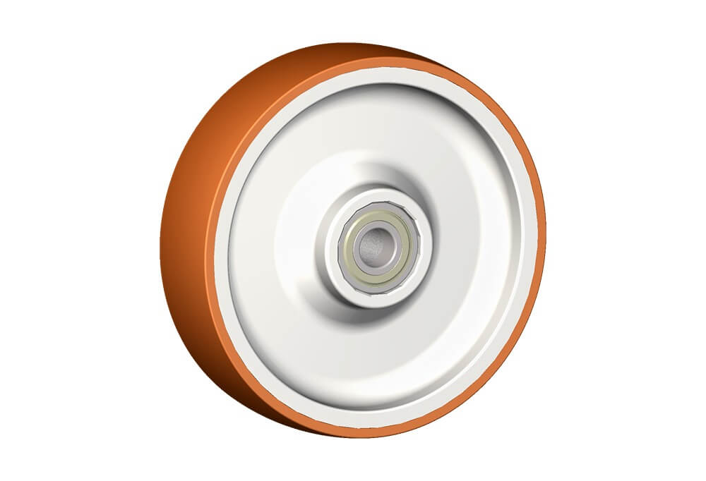 Wheel series N Wheels with injected polyurethane coating 58 Sh.D on polyamide 6 center. Available with standard shielded or stainless steel sealed precision ball bearings; standard or stainless steel roller bearings; plain bore.