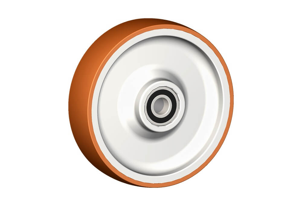Wheel series N Wheels with injected polyurethane coating 58 Sh.D on polyamide 6 center. Available with standard shielded or stainless steel sealed precision ball bearings; standard or stainless steel roller bearings; plain bore.