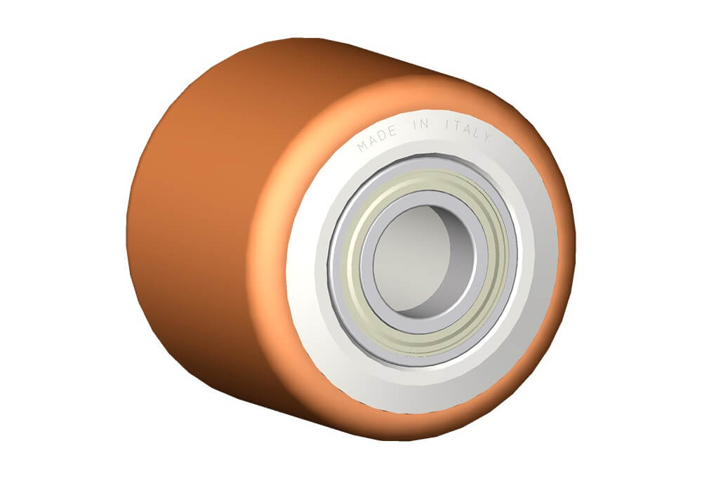 Wheel series RN Rollers with injected polyurethane coating 53 Sh.D on polyamide6 center available with ball bearings.