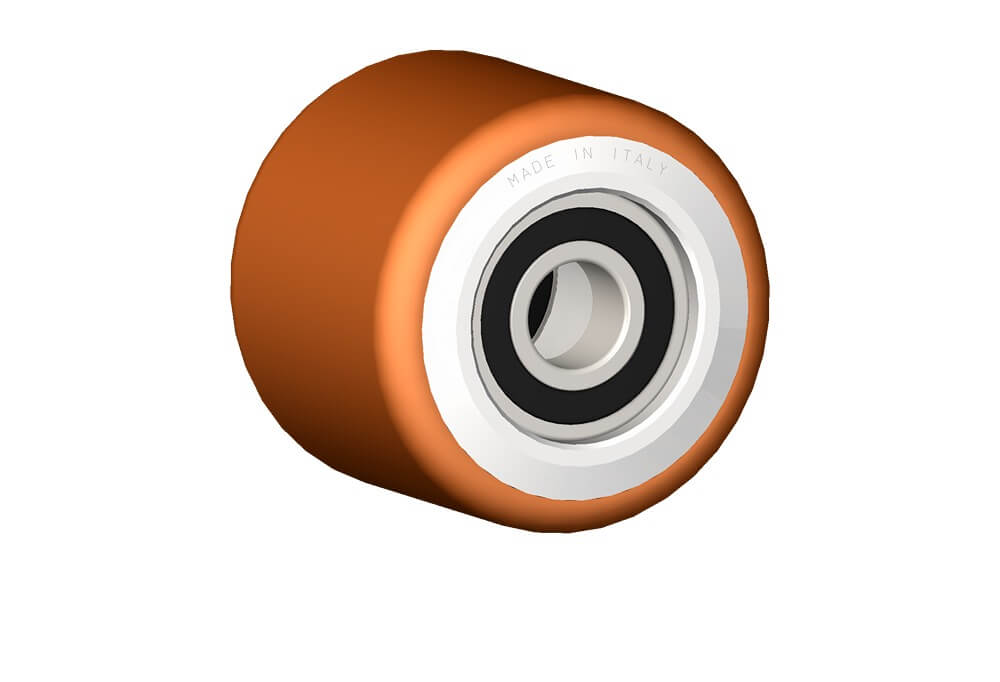 Wheel series RN Rollers with injected polyurethane coating 53 Sh.D on polyamide6 center available with ball bearings.