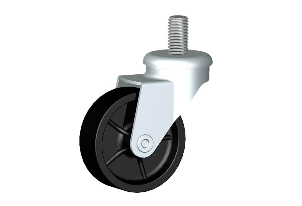 Wheel series M with fork M22 Wheels and castors for furniture. Plain bore wheel.<br/>Threaded stem swivel fork assembly fitted with a black nylon wheel, plain bore.