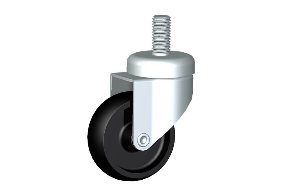 Wheel series M with fork M22 Wheels and castors for furniture. Plain bore wheel.<br/>Threaded stem swivel fork assembly fitted with a black nylon wheel, plain bore.