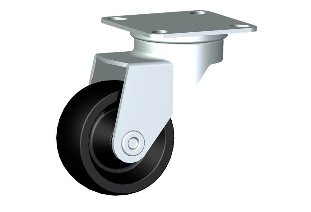 Wheel series M with fork M22 Wheels and castors for furniture. Plain bore wheel.<br/>Swivel top plate fork assembly fitted with a plain bore black nylon wheel.