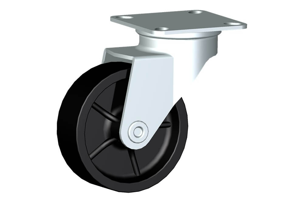 Wheel series M with fork M22 Wheels and castors for furniture. Plain bore wheel.<br/>Swivel top plate fork assembly fitted with a plain bore black nylon wheel.