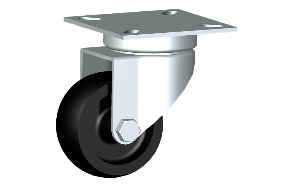 Wheel series M with fork M22 Wheels and castors for furniture. Plain bore wheel.<br/>Swivel top plate fork assembly fitted with a plain bore black nylon wheel.