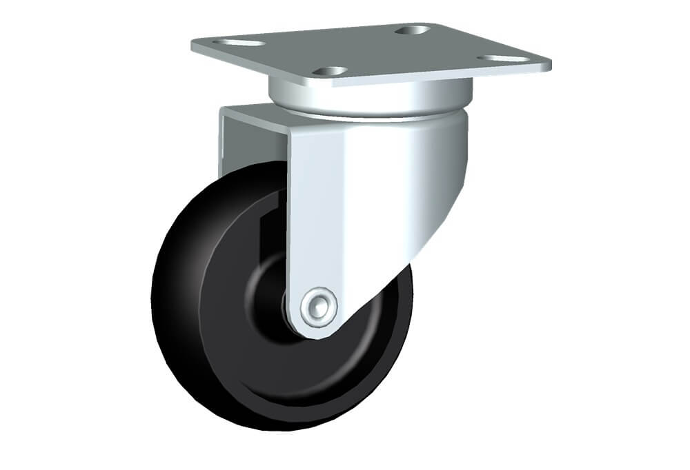 Wheel series M with fork M22 Wheels and castors for furniture. Plain bore wheel.<br/>Swivel top plate fork assembly fitted with a plain bore black nylon wheel.