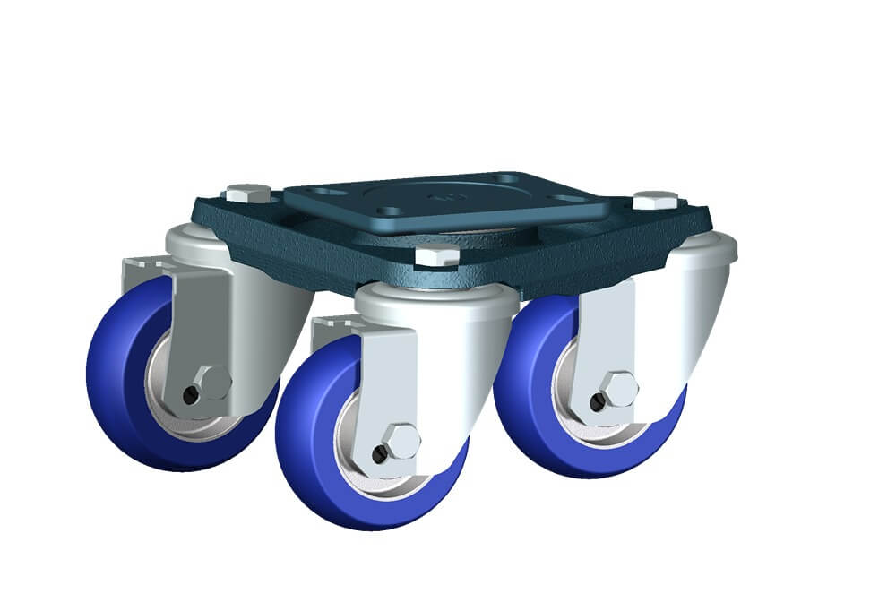 Wheel series TS with fork SCENIC3 Wheels with cast soft polyurethane coating 87 Sh.A on aluminium hub. Available with ball or roller bearings. Wheel fitted with ball bearings.