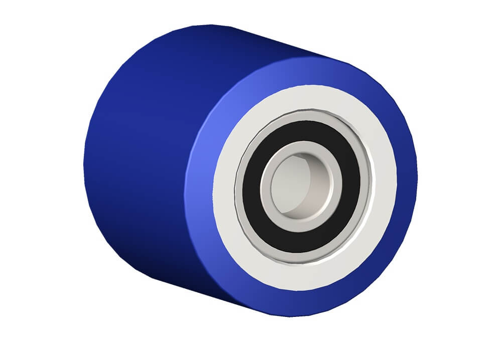 Wheels series RO ROLL-ADINYL SOFT - Rollers with cast soft polyurethane coating 87 Sh. A polyamide 6 center. Available with standard or stainless steel ball bearings.  Some feature semibushes with extra bearing shield/protection.