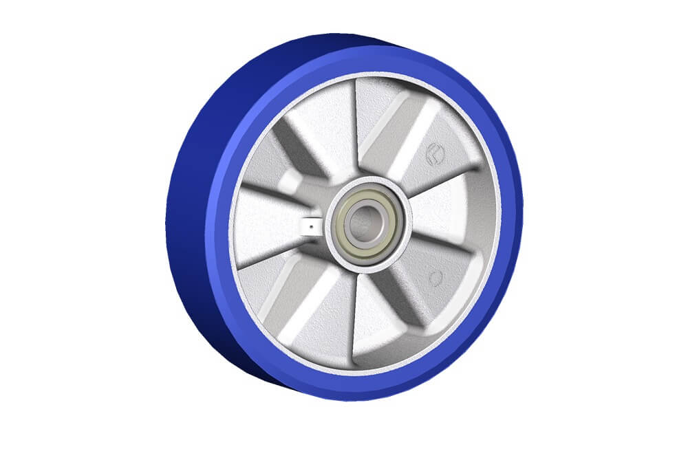 Wheels series TS TAU SOFT - Wheels with cast soft polyurethane coating 87 Sh.A on aluminium hub. Available with ball or roller bearings.