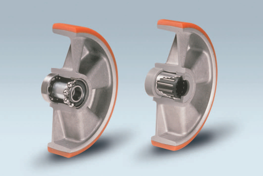 Wheels series T TAU - Wheels with cast polyurethane coating 95 Sh.A on aluminium hub. Available with ball or roller bearings.