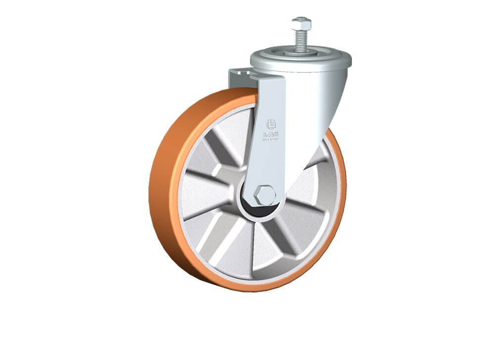 Ruote serie T con supporto M22 Ruote con battistrada in poliuretano colato 95Sh.A e mozzo in alluminio pressofuso; disponibili con cuscinetti a sfere o a rullini. Organo di rotolamento: cuscinetto a rullini.