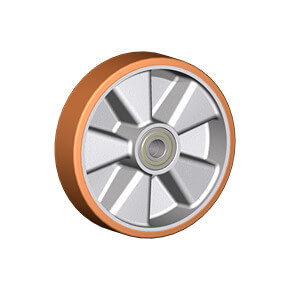 Wheels series T TAU - Wheels with cast polyurethane coating 95 Sh.A on aluminium hub. Available with ball or roller bearings.