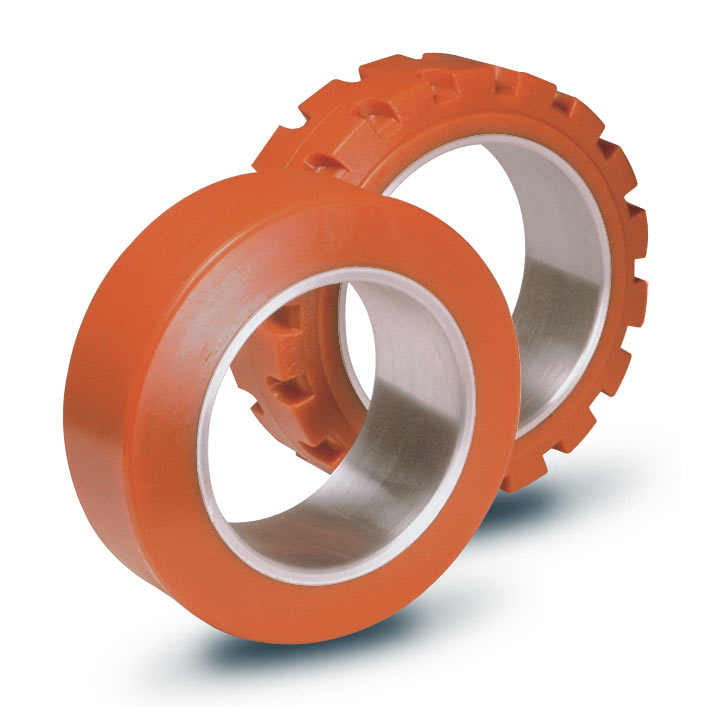 Wheels series ZC ZETA-CIL - Polyurethane press on bands: steel rims PU coated with hardness 95+/-3Sh.A. The load rating is for speeds up to 6 km/h.