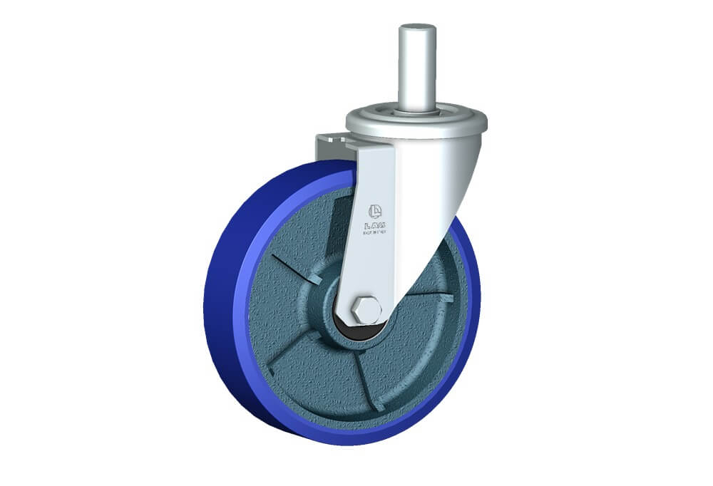 Ruedas serie ZS con soporte M22 Ruedas en hierro fundido con revestimiento en poliuretano colado 87 Sh.A blando (azúl) con cojinetes a bolas. Rueda con cojinetes a bolas.<br/>Núcleo en acero.