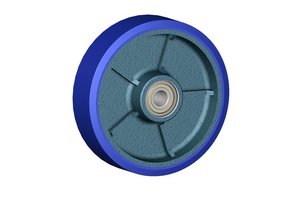 Roues série ZS ZETA SOFT - Roues en fonte avec bandage en polyuréthane souple coulé 87 Sh.A (bleu) avec roulement à billes de précision protégés.