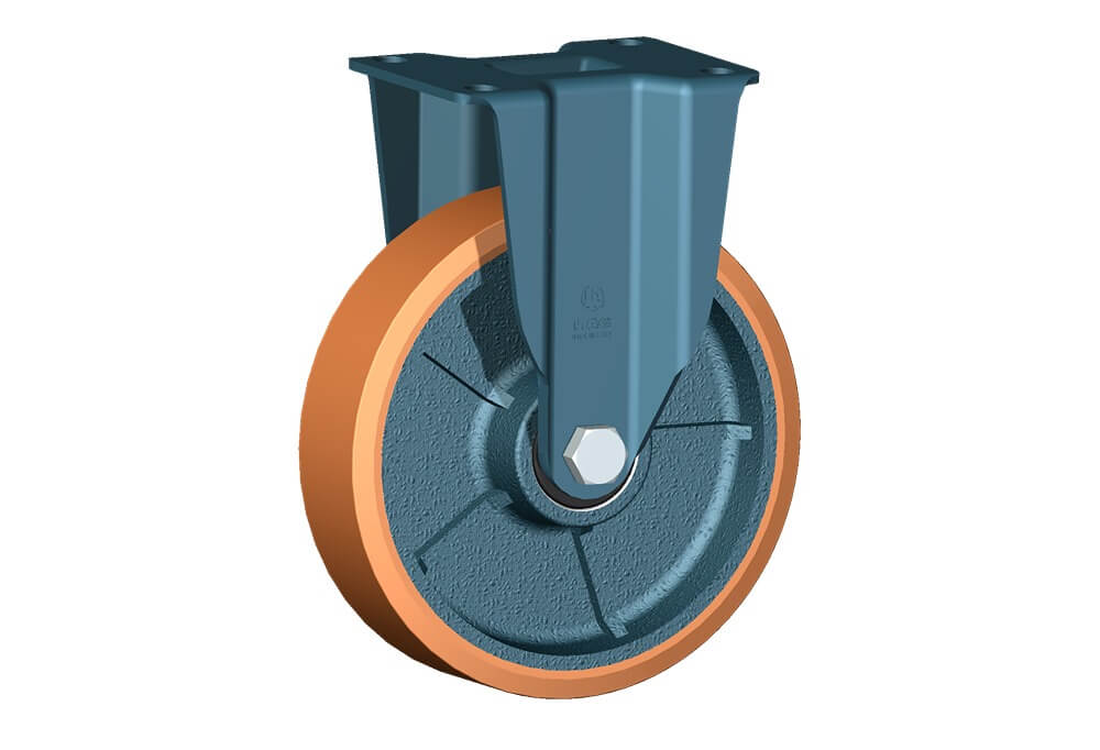 Ruote serie Z con supporto E70 Ruote in poliuretano colato 95 Sh.A. e mozzo in ghisa. Disponibili con cuscinetti a sfere di precisione schermati. Ruota con cuscinetti a sfere.