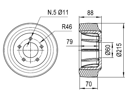 Ruote serie ZO Ruote motrici in poliuretano soffice durezza 87+/-3 Sh.A. La portata è riferita ad una velocità di 6 km/h. <br/>N.5 fori diametro 11 mm su raggio di 46 mm.