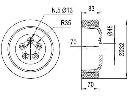 Ruote serie ZO Ruote motrici in poliuretano soffice durezza 87+/-3 Sh.A. La portata è riferita ad una velocità di 6 km/h. <br/>N.5 fori diametro 13 mm su raggio di 35 mm.