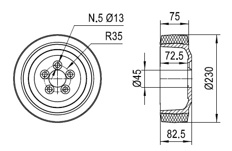 Ruote serie ZO Ruote motrici in poliuretano soffice durezza 87+/-3 Sh.A. La portata è riferita ad una velocità di 6 km/h. <br/>N.5 fori diametro 13 mm su raggio di 35 mm.