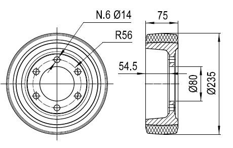 Ruote serie ZO Ruote motrici in poliuretano soffice durezza 87+/-3 Sh.A. La portata è riferita ad una velocità di 6 km/h. <br/>N.6 fori diametro 14 mm su raggio di 56 mm.