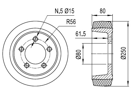 Ruote serie ZO Ruote motrici in poliuretano soffice durezza 87+/-3 Sh.A. La portata è riferita ad una velocità di 6 km/h. <br/>N.5 fori diametro 15 mm su raggio di 56 mm.