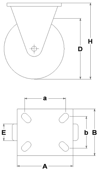 Wheel series M with fork M22 Wheels and castors for furniture. Plain bore wheel.<br/>Fixed fork assembly fitted with a black nylon wheel, plain bore.